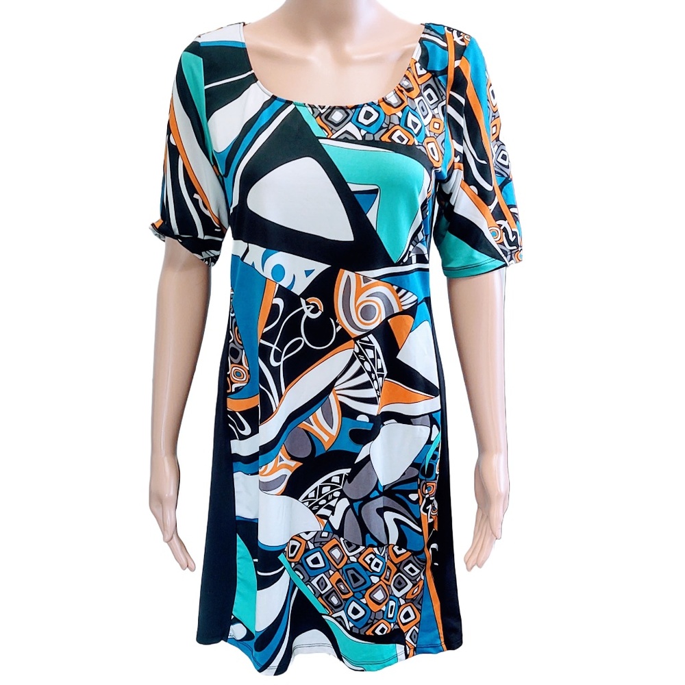 EUC KATHERINE BARCLAY GEOMETRIC BLACK/WHITE/GREEN POLY/SPANDEX SHEATH DRESS S/P